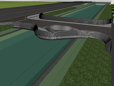 Curved Landscape Bridge with Green Grass and Adjacent Road Design 3d model