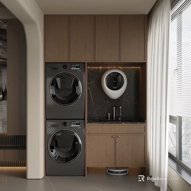 Modern Balcony Cabinet Design With Stacked Washing Machine Dryer And Marble Countertop 3d model 