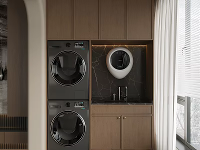 Modern Balcony Cabinet Design With Stacked Washing Machine Dryer And Marble Countertop 3d model