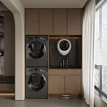 Modern Balcony Cabinet Design With Stacked Washing Machine Dryer And Marble Countertop