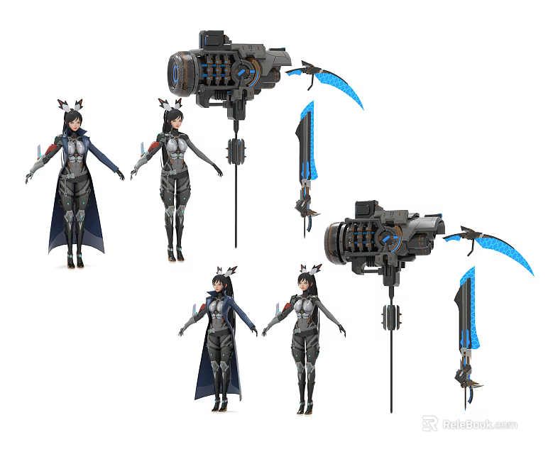 Game Movie Character In Multiple Poses With Mechanical Cloak Blue Scythe And Detailed Outfit 3d model 
