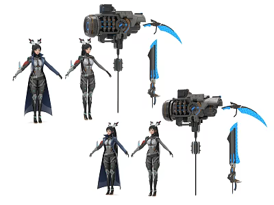 Game Movie Character In Multiple Poses With Mechanical Cloak Blue Scythe And Detailed Outfit 3d model