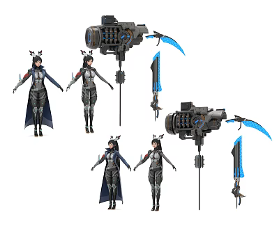 Game Movie Character In Multiple Poses With Mechanical Cloak Blue Scythe And Detailed Outfit 3d model