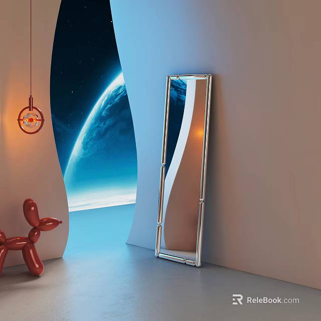 Modern Full Length Mirror With Silver Frame And Red Balloon Decor In Space Themed Room 3d model 