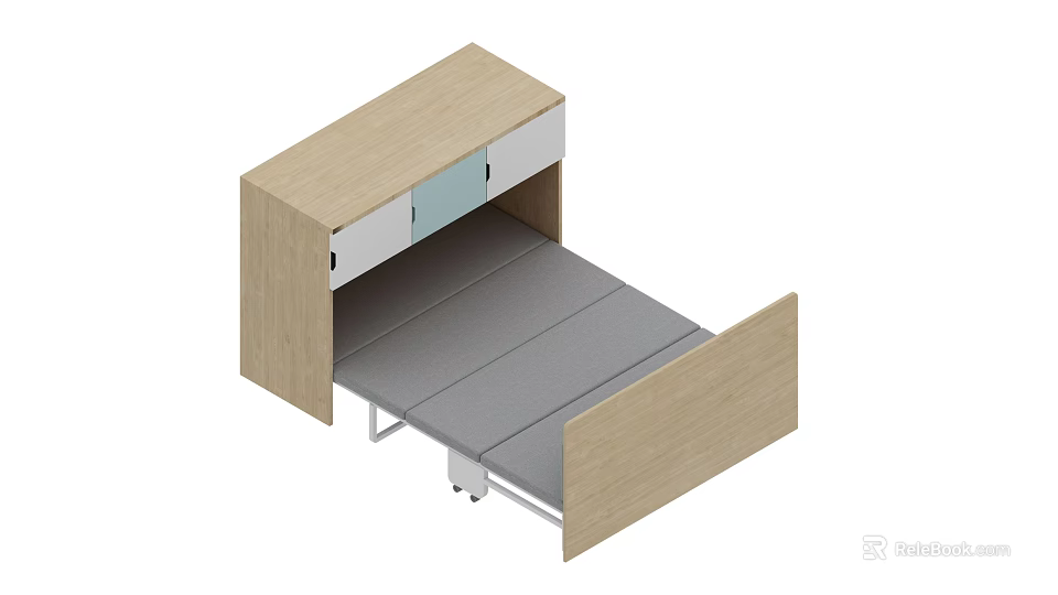 Modern Single Bed With Light Wood Frame And Gray Mattress And Side Storage Cabinet 3d model 