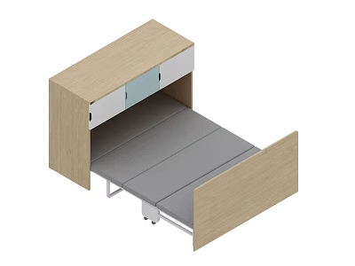 Modern Single Bed With Light Wood Frame And Gray Mattress And Side Storage Cabinet 3d model