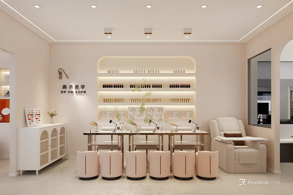 Modern Warm Pastel Beauty Nail Salon Interior Design With Practical Workstations And Clear Product 3d model 