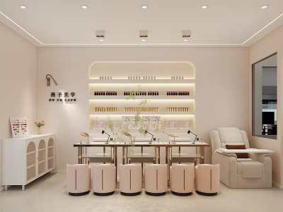 Modern Warm Pastel Beauty Nail Salon Interior Design With Practical Workstations And Clear Product 3d model