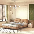Modern Bedroom Interior With Beige Round Padded Headboard Slatted Mattress Base And Wall Lamps