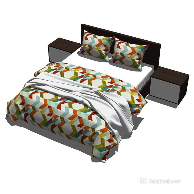 Modern Double Bed Interior Design with Colorful Geometric Pattern Bedding and Nightstands 3d model 