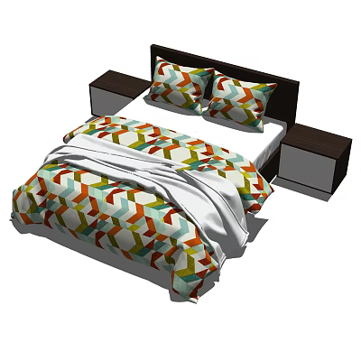 Modern Double Bed Interior Design with Colorful Geometric Pattern Bedding and Nightstands 3d model