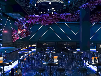 Stylish Bar Interior With Purple Flower Decor Blue Geometric Wall Round Counters And High Stools 3d model