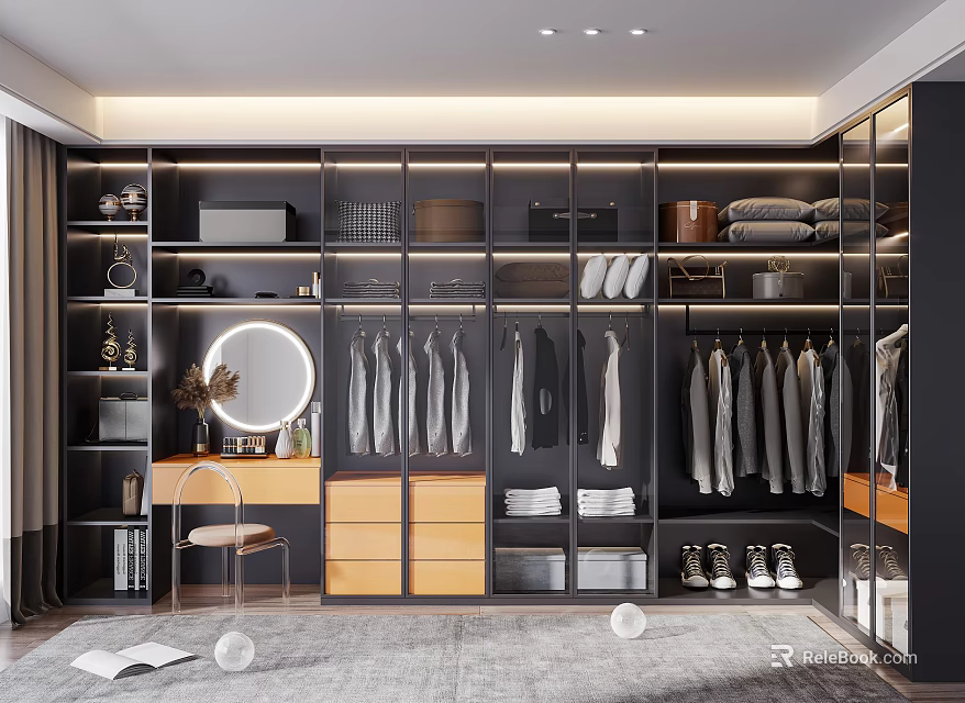 Modern Walk In Closet With Built In Wardrobes Mirror And Dressing Table 3d model 