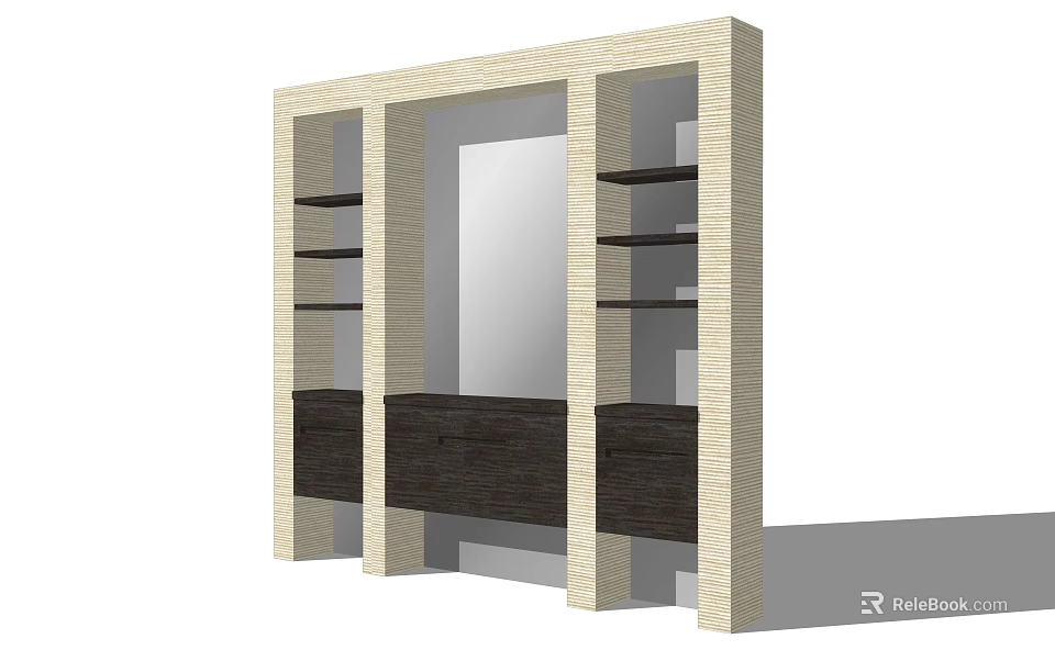 Modern Bookcase Featuring Light Colored Frame Dark Wood Cabinets Central Mirror And Open Shelves 3d model 