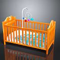 Children's Orange Wooden Baby Crib with Colorful Mobile and Patterned Mattress
