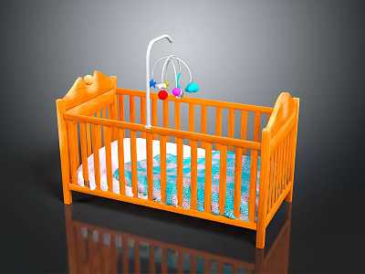 Children's Orange Wooden Baby Crib with Colorful Mobile and Patterned Mattress 3d model