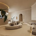 Modern Store Front Desk Featuring Curved Design Neutral Tones And Hanging Pendant Lights