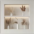 White Vases with Dried Flowers on Illuminated Shelves Modern Minimalist Interior Decor