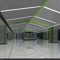 Modern Station Interior With Shiny Floor Green Columns Glass Windows Counter And Ceiling Green Lines
