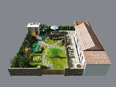 Charming Guesthouse Building With Courtyard Lush Greenery Stone Pathway And Red Tile Roof 3d model