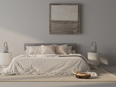 Double Bed In Modern Bedroom With Linen Bedding Pillows Bedside Lamps Wall Art And Rug 3d model