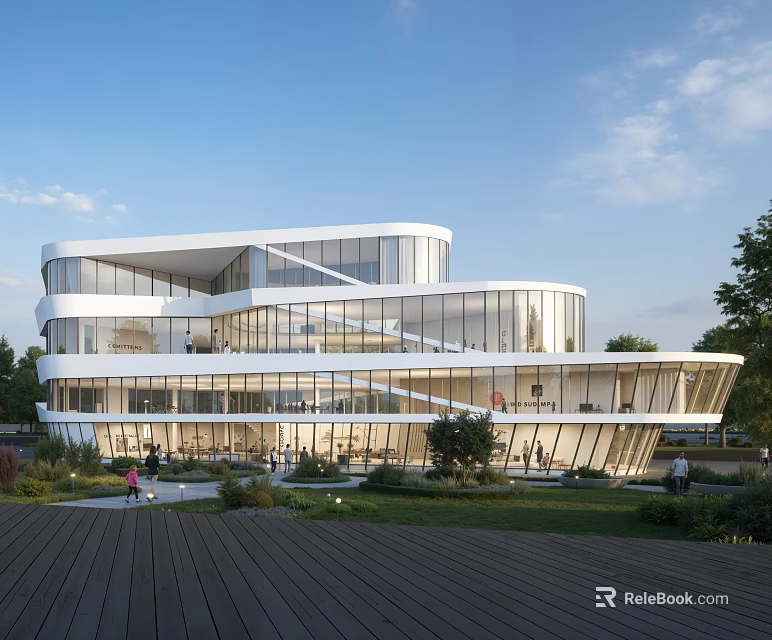 Modern Cultural Center Building Featuring Glass Facade Curved Structure And Outdoor Greenery 3d model 