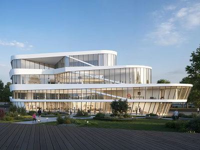 Modern Cultural Center Building Featuring Glass Facade Curved Structure And Outdoor Greenery 3d model