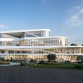 Modern Cultural Center Building Featuring Glass Facade Curved Structure And Outdoor Greenery