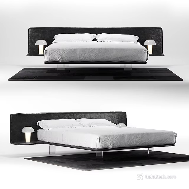 Modern Platform Bed With Black Headboard White Mattress And Bedside Lamps 3d model 