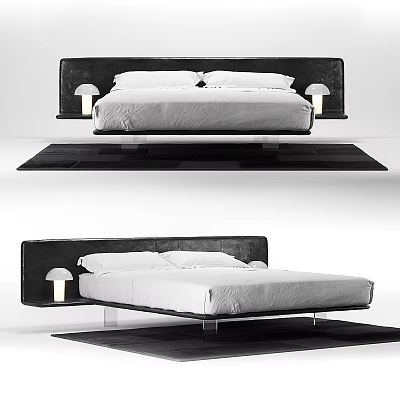 Modern Platform Bed With Black Headboard White Mattress And Bedside Lamps 3d model