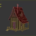 Wooden Cottage With Red Roof Small Windows Porch Steps And Weather Vane