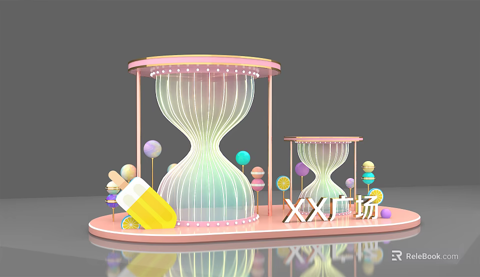 Colorful XX Square Installation With Large Pink Hourglass Smaller Version Lollipops And Ice Cream 3d model 