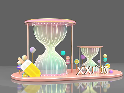 Colorful XX Square Installation With Large Pink Hourglass Smaller Version Lollipops And Ice Cream 3d model