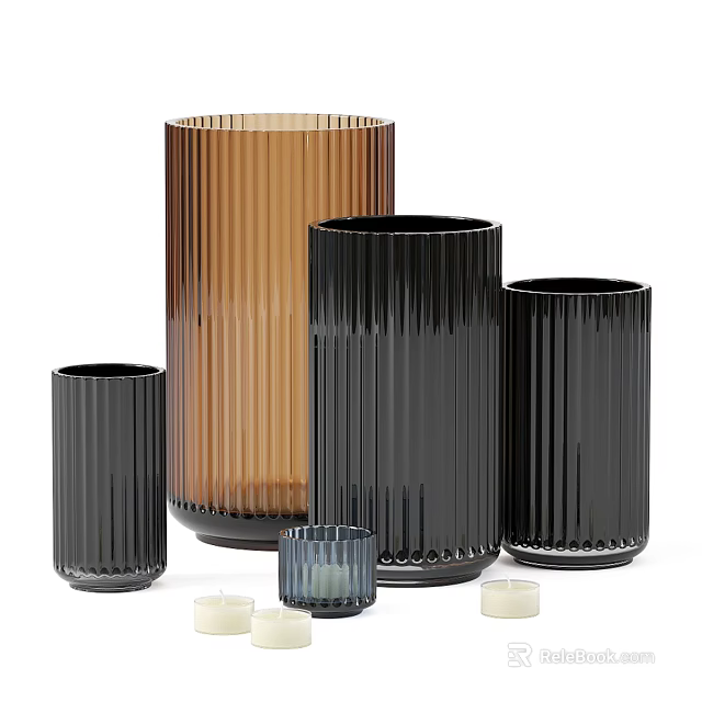 Floral Vases with Modern Ribbed Design Black Brown and Various Sizes for Decoration 3d model 