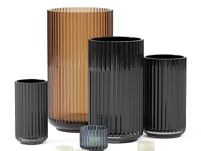 Floral Vases with Modern Ribbed Design Black Brown and Various Sizes for Decoration 3d model