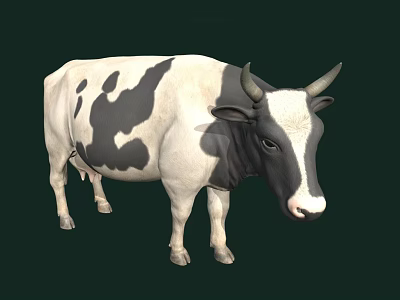 Black And White Spotted Cow With Horns Standing On Dark Green Background 3d model