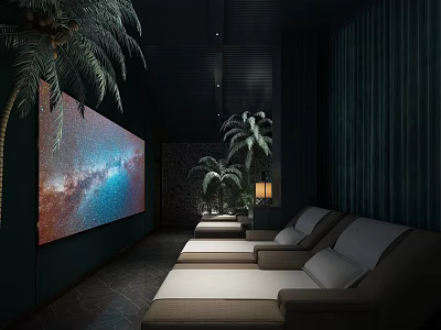 SPA Sauna Relaxation Space With Dark Interior Palm Trees Galaxy Screen And Loungers 3d model