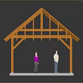 Bright Orange Wooden Roof Truss Building Structure With Two Figures Below