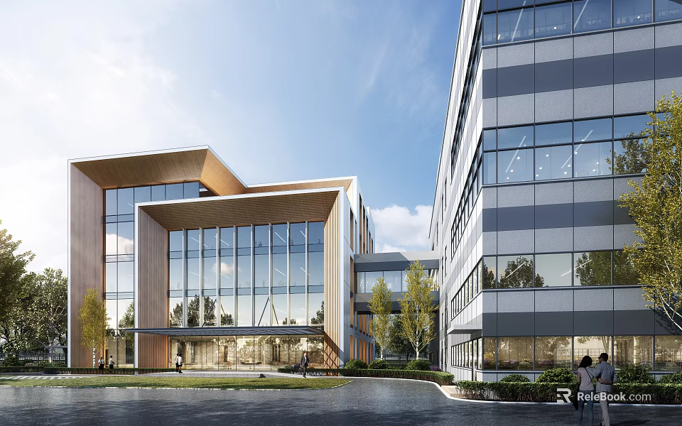 Modern Office Building With Glass Facade Wooden Accents And Landscaping 3d model 