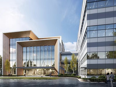 Modern Office Building With Glass Facade Wooden Accents And Landscaping 3d model