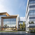 Modern Office Building With Glass Facade Wooden Accents And Landscaping