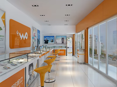 Modern Digital Store With Orange Decor Display Counters And Bar Stools 3d model
