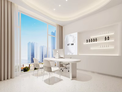 Bright Modern Workspace Interior Featuring Large Windows City View White Desk And Chairs 3d model