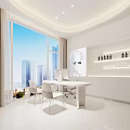 Bright Modern Workspace Interior Featuring Large Windows City View White Desk And Chairs