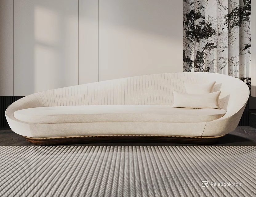 Modern Cream Upholstered Sectional Sofa With Curved Design And Accent Pillows On Striped Rug 3d model 