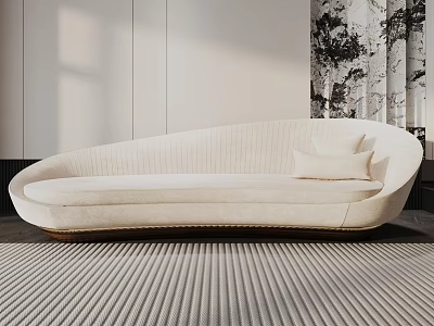 Modern Cream Upholstered Sectional Sofa With Curved Design And Accent Pillows On Striped Rug 3d model