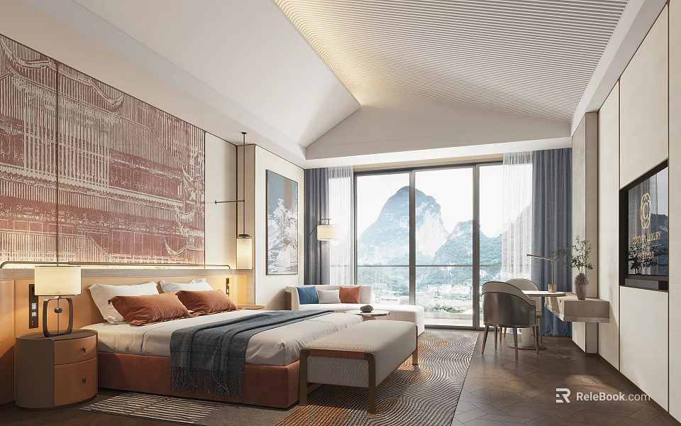 Modern Hotel Room Interior With Large Bed Decorative Painting Mountain View Window Desk And Chair 3d model 