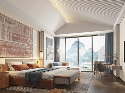 Modern Hotel Room Interior With Large Bed Decorative Painting Mountain View Window Desk And Chair 3d model