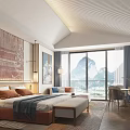 Modern Hotel Room Interior With Large Bed Decorative Painting Mountain View Window Desk And Chair