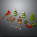 Reindeer Pulling Sleigh Near Decorated Christmas Trees and Festive Dining Table with Gifts